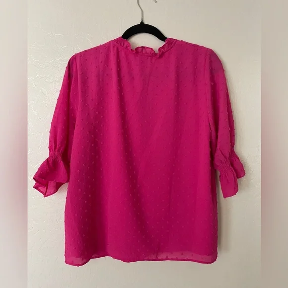 CeCe Hot Pink Swiss Dot Tie-Neck Ruffle Blouse - Picture 2 of 5